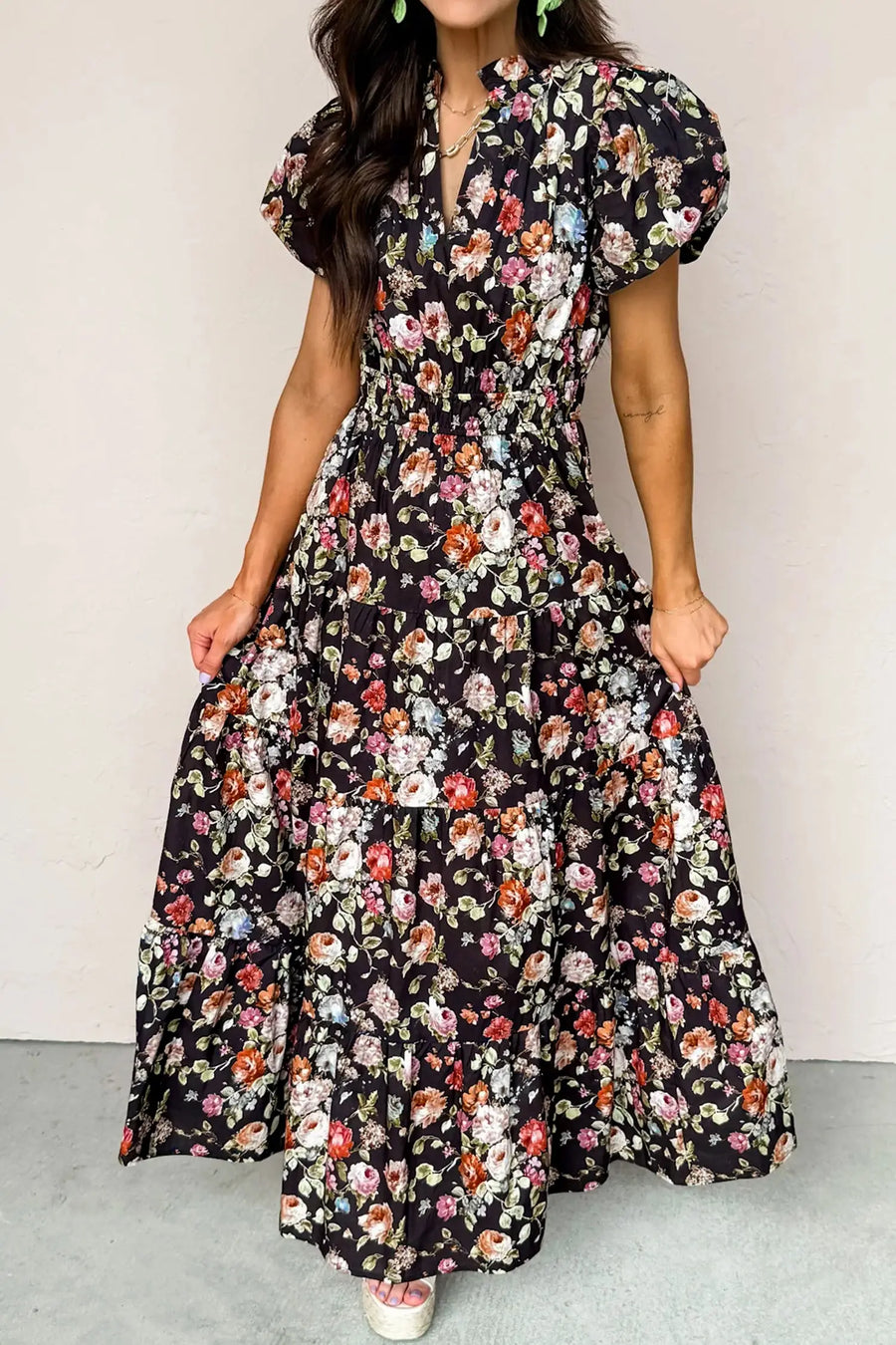 Black Floral V Neck Pleated Tiered Maxi Dress Women UK