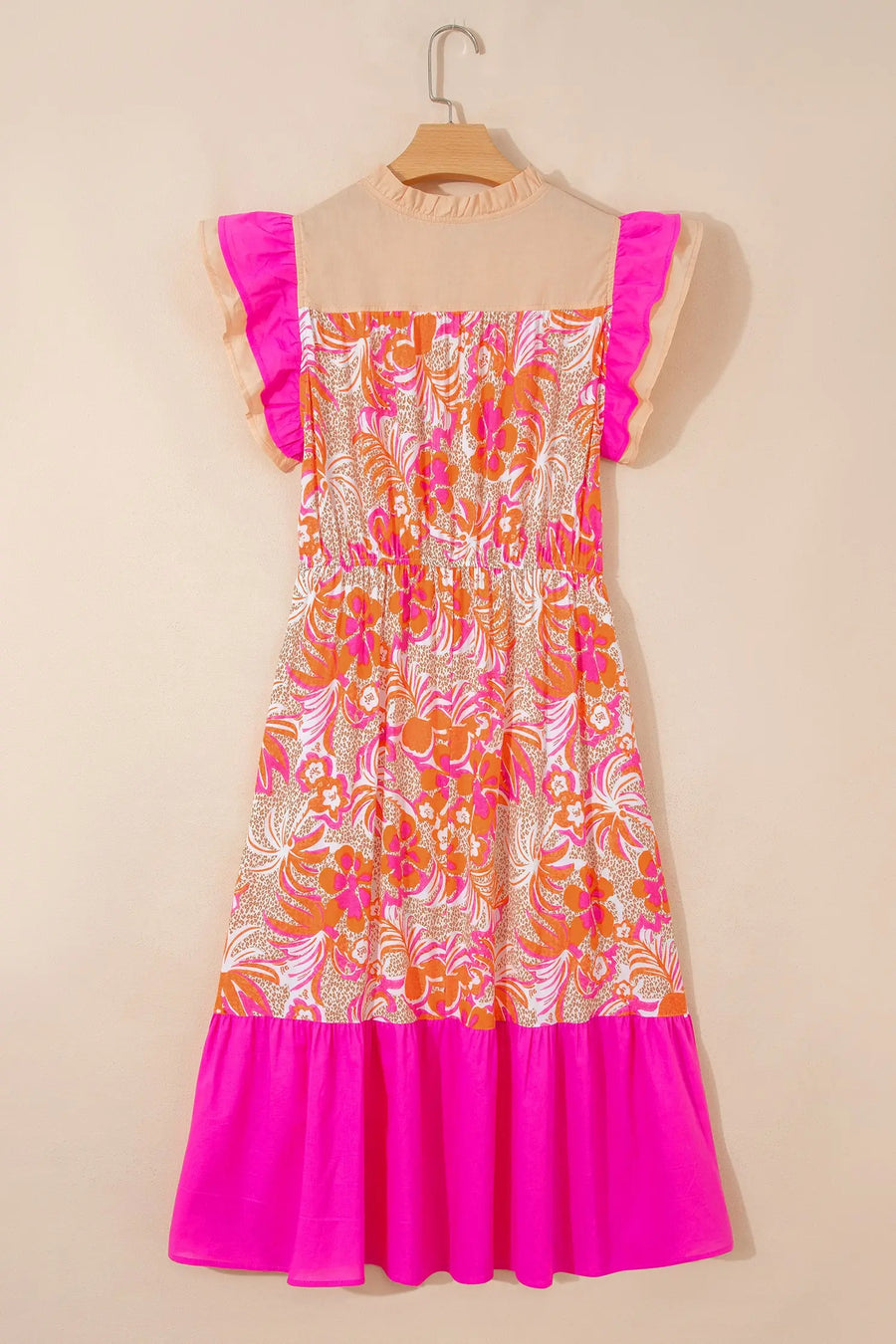 Rose Floral Color Block Ruffled Short Sleeve Midi Dress Women UK — full length