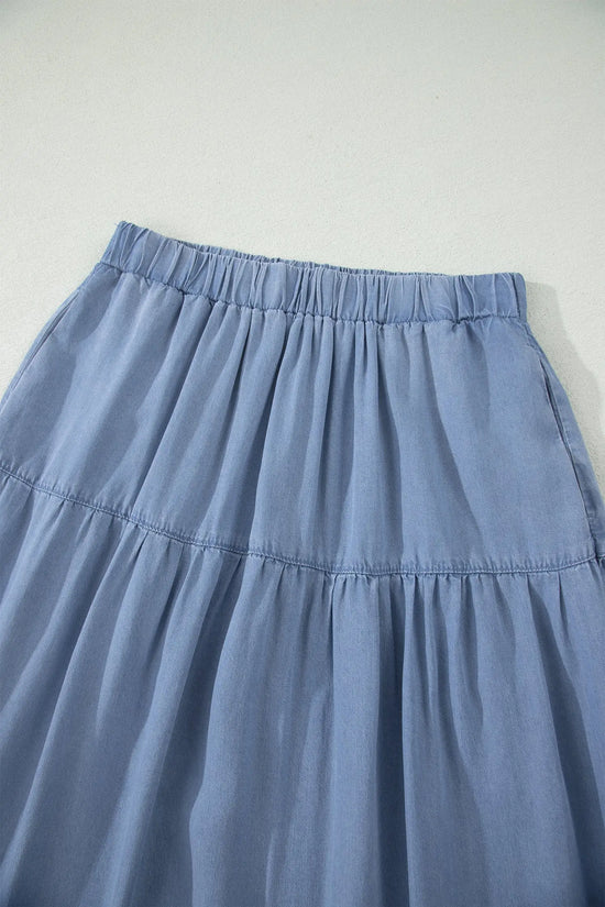 Elastic waist ruffled tiered maxi skirt lyocell side pockets beau blue skirts