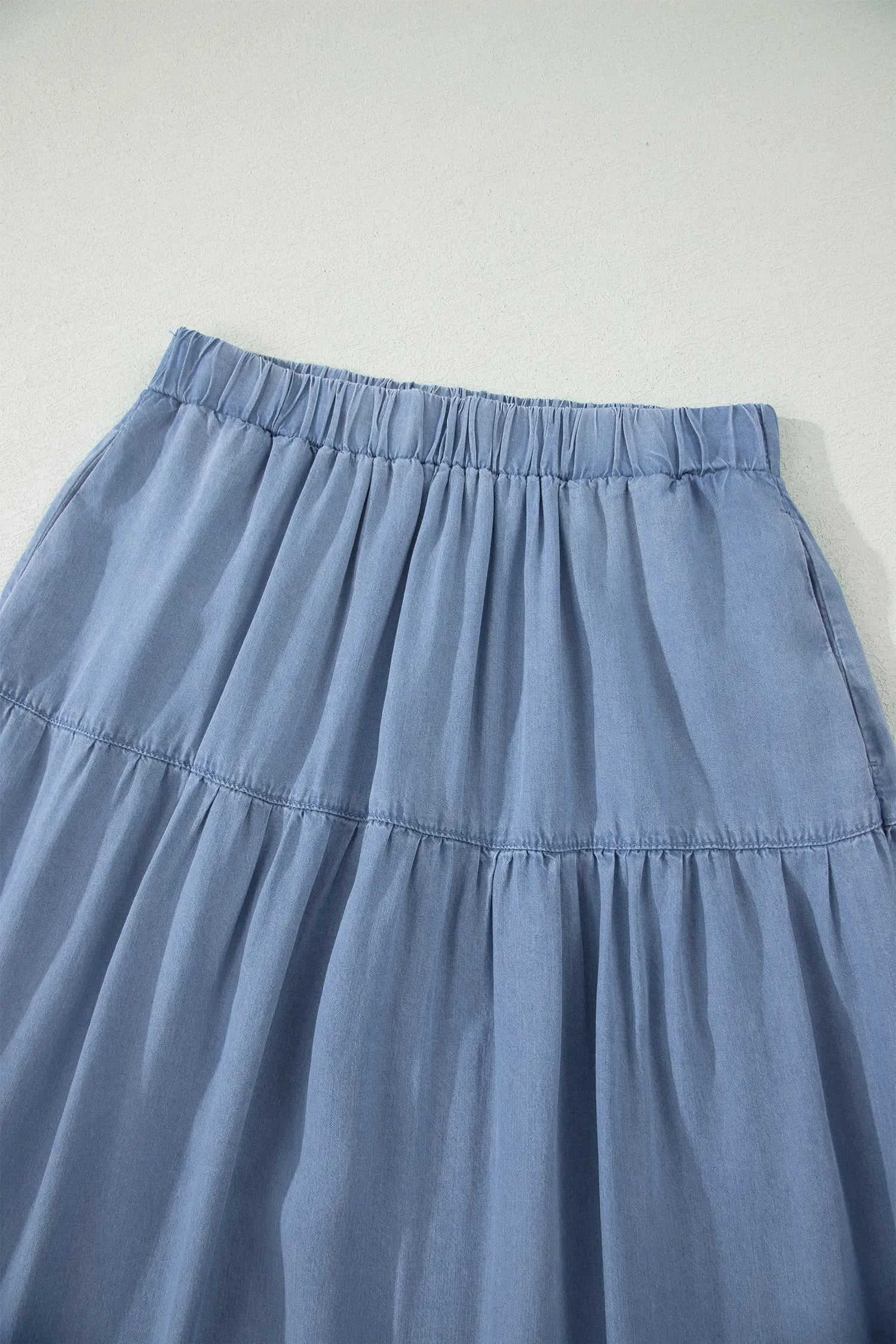 Elastic waist ruffled tiered maxi skirt lyocell side pockets beau blue skirts