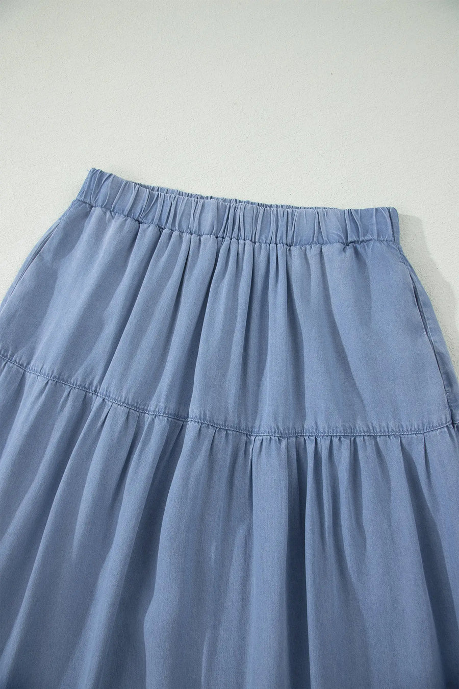 Elastic waist ruffled tiered maxi skirt lyocell side pockets beau blue skirts