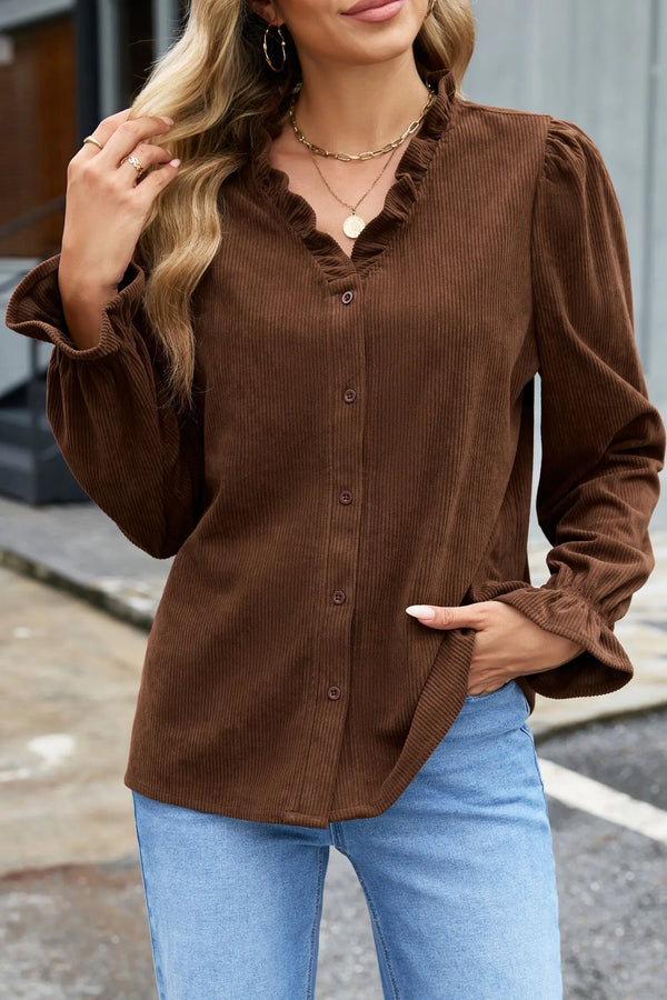 Ruffle Trim V-Neck Corduroy Shacket