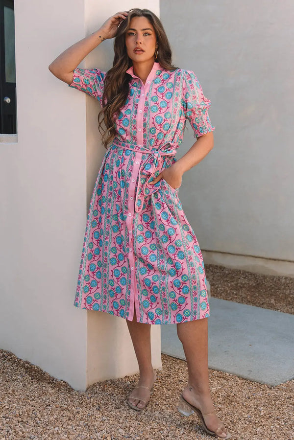 Pink Floral Shirred Puff Sleeve Buttoned Midi Dress Women UK