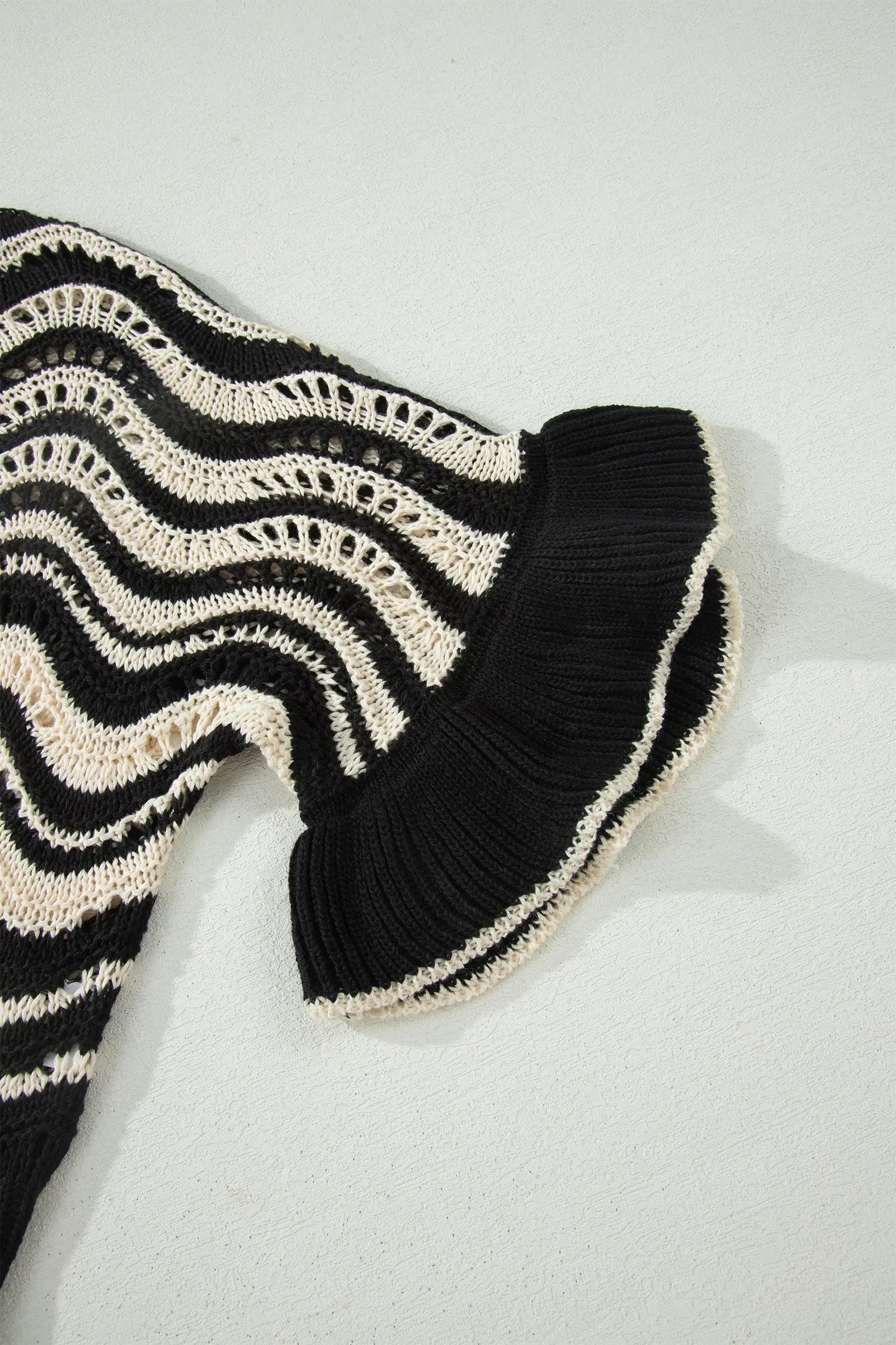 Wavy stripe crochet eyelet ruffle half sleeve knit sweater relaxed fit sweaters