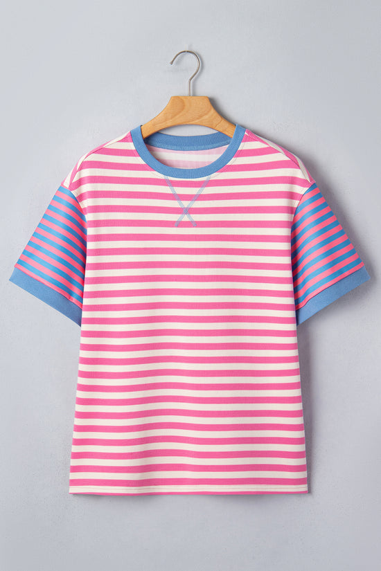 Stripe Contrast Patchwork Short Sleeve Tee Women UK