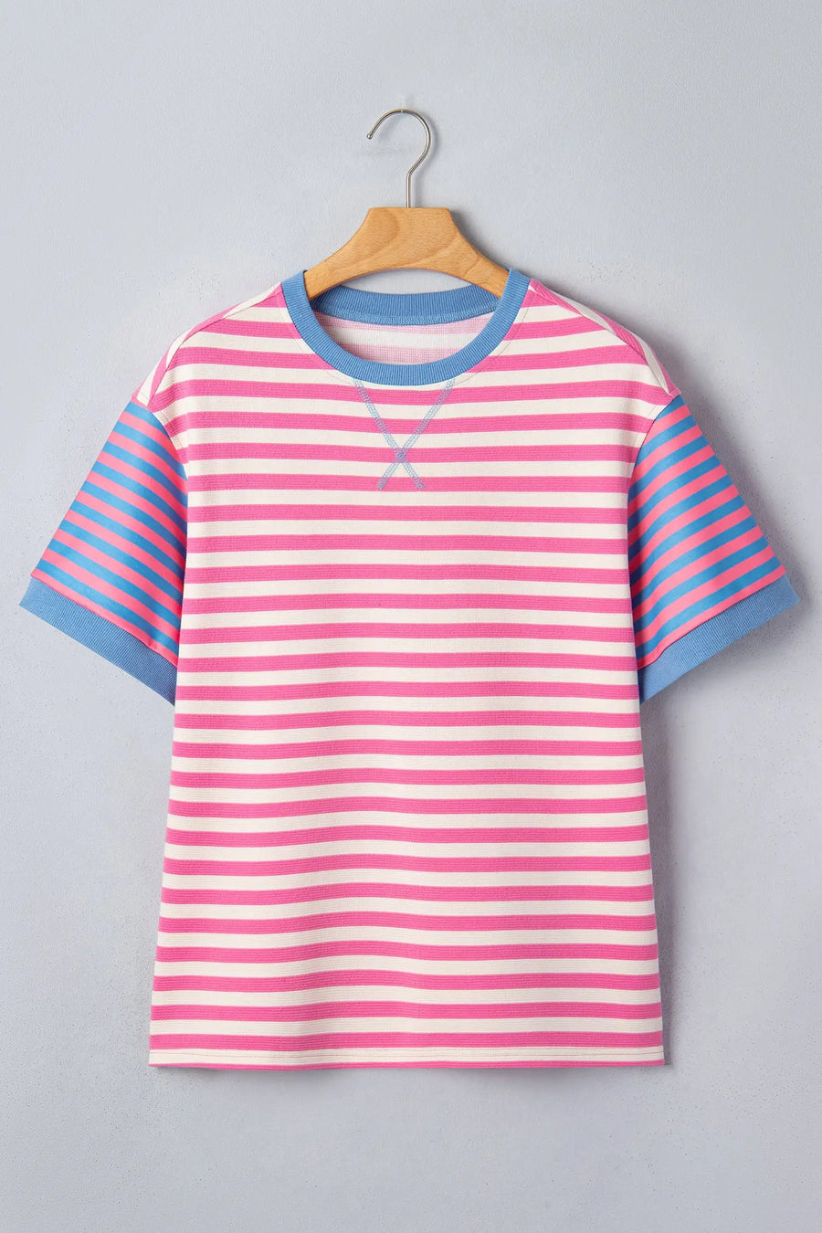 Women's pink stripe patchwork tee lifestyle shot casual summer