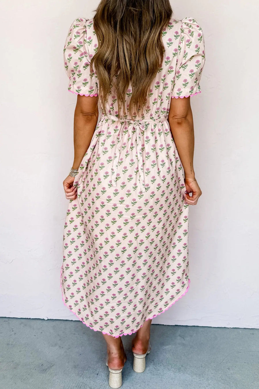 Pink Floral Scallop Trim V Neck Button Front Maxi Dress Women UK — side detail
