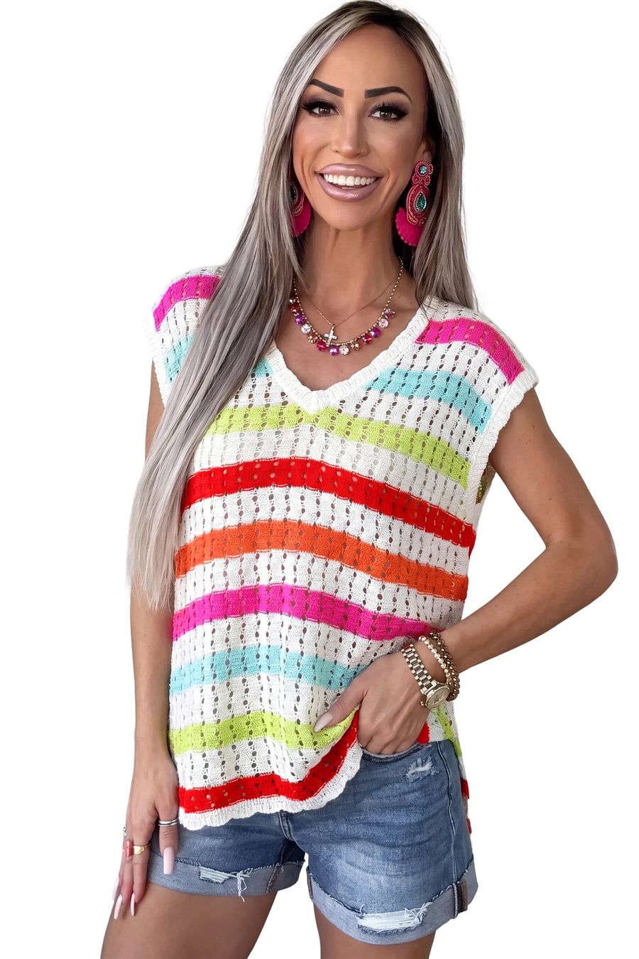 Striped Eyelet Knit V-Neck Sweater Tee Women UK