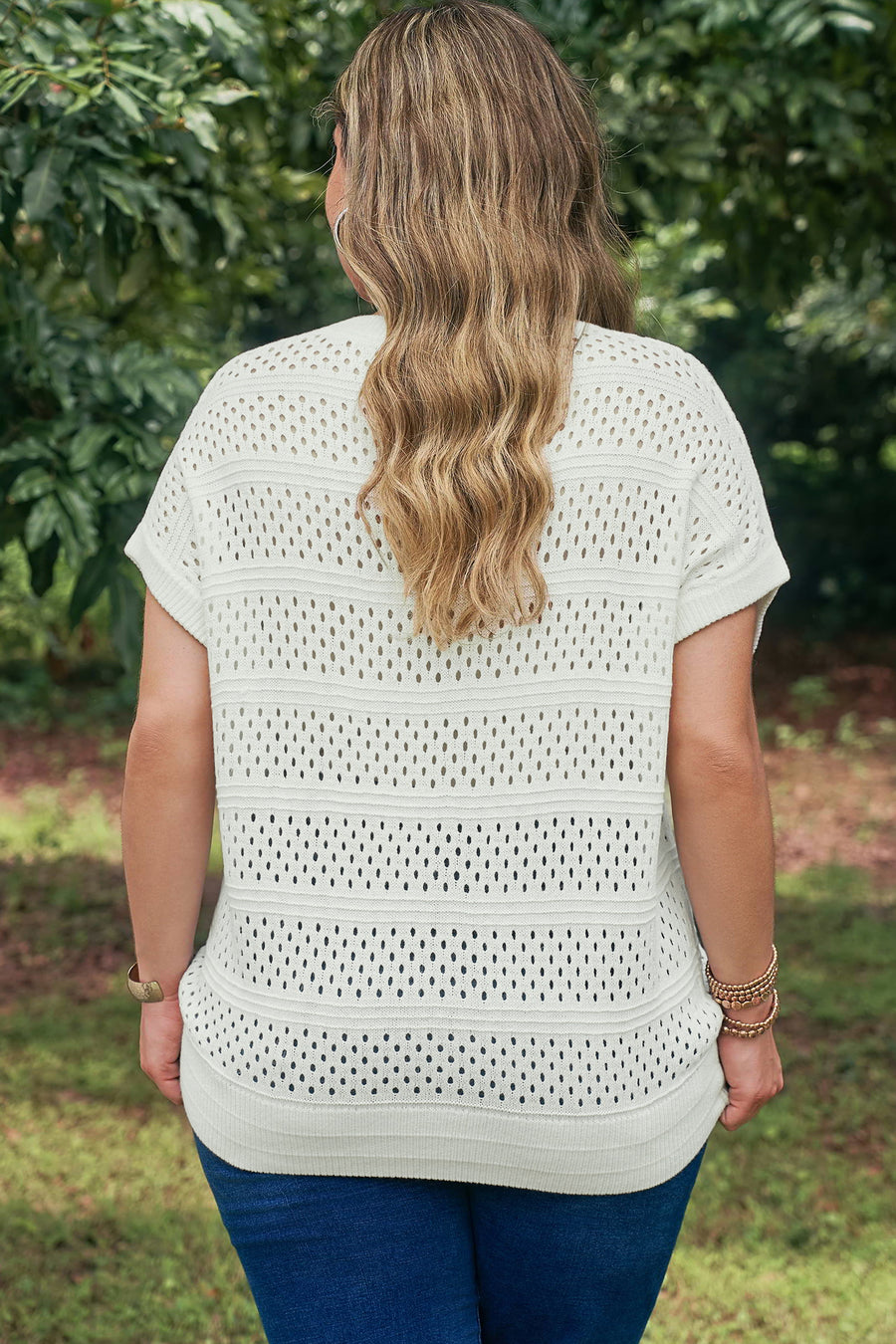Plus Size Eyelet Hollow Out Knit Short Sleeve Sweater Ribbed Trim White — second colourway | Fashionfitz UK