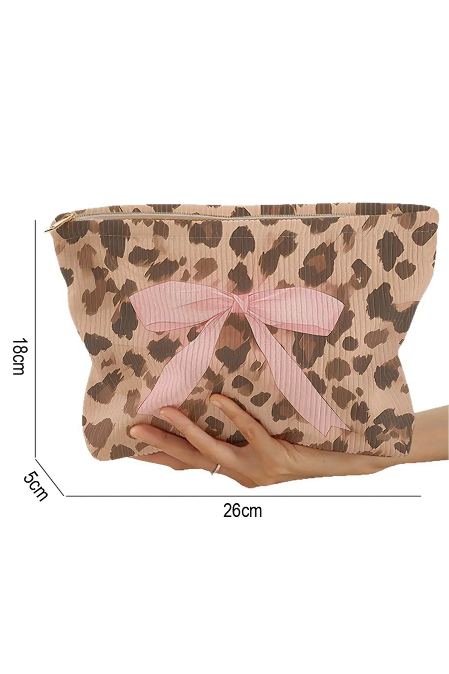 Women's leopard bow ribbed makeup bag flat lay