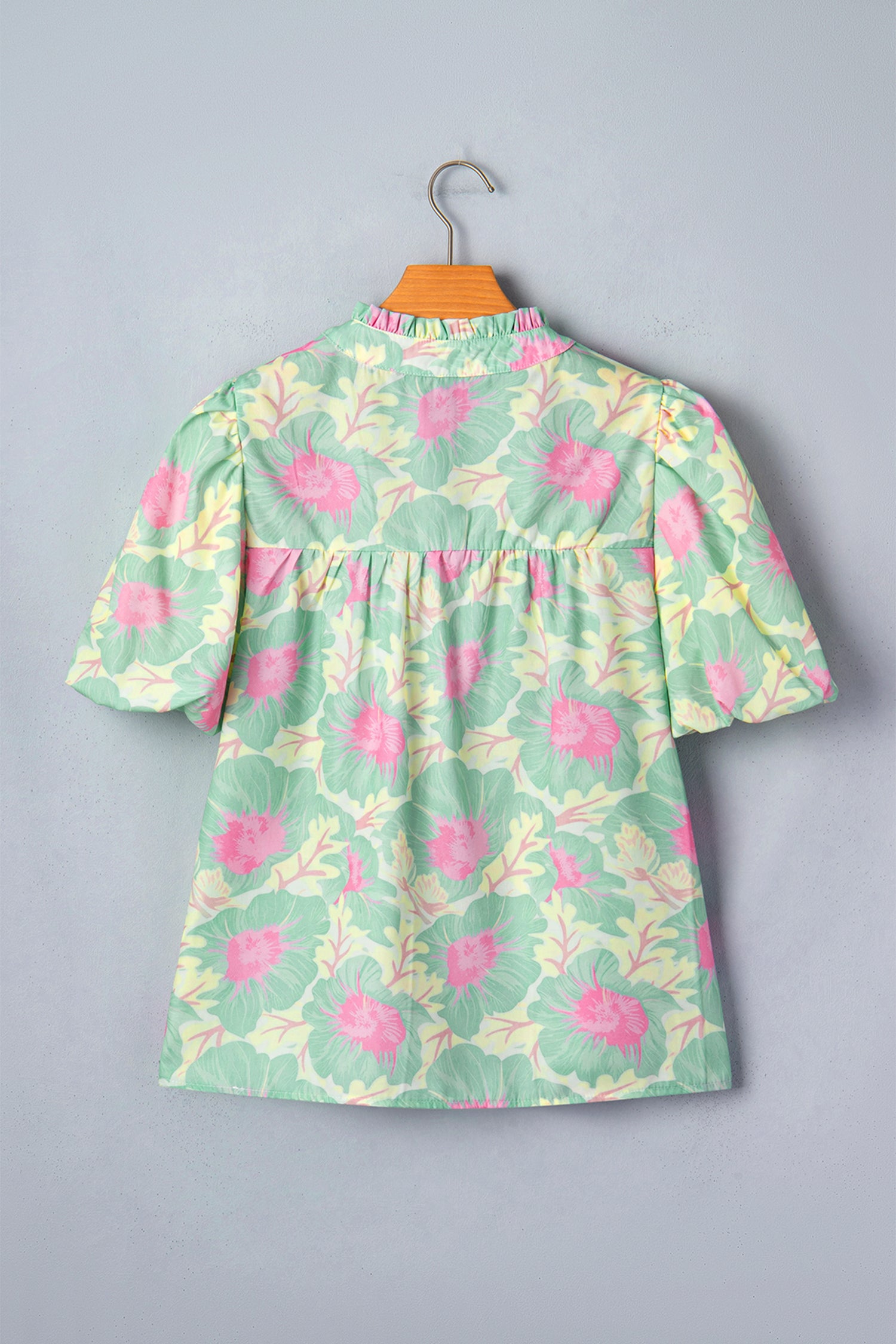Floral Jacquard Bubble Sleeve Notched V Neck Babydoll Blouse