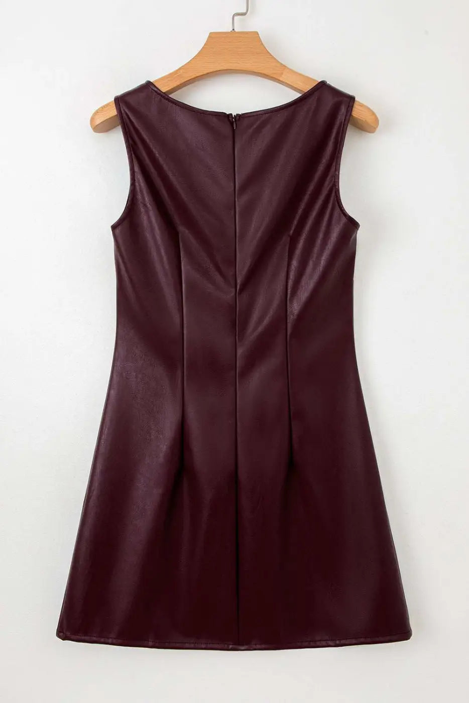 Back view of Brown Faux Leather Sleeveless Mini Dress with zipper closure and seam detailing for a flattering shape.