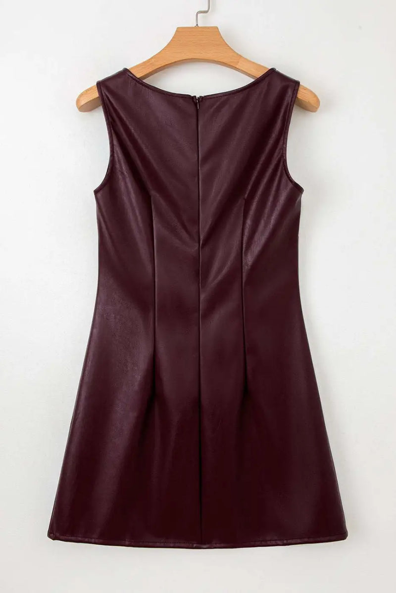 Back view of Brown Faux Leather Sleeveless Mini Dress with zipper closure and seam detailing for a flattering shape.