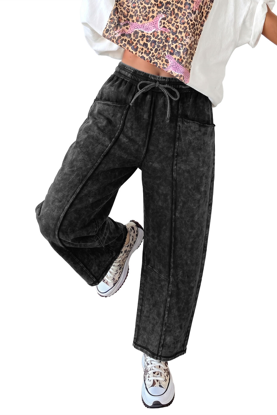 Mineral wash barrel leg trousers styled with white top and loafers — Fashionfitz UK