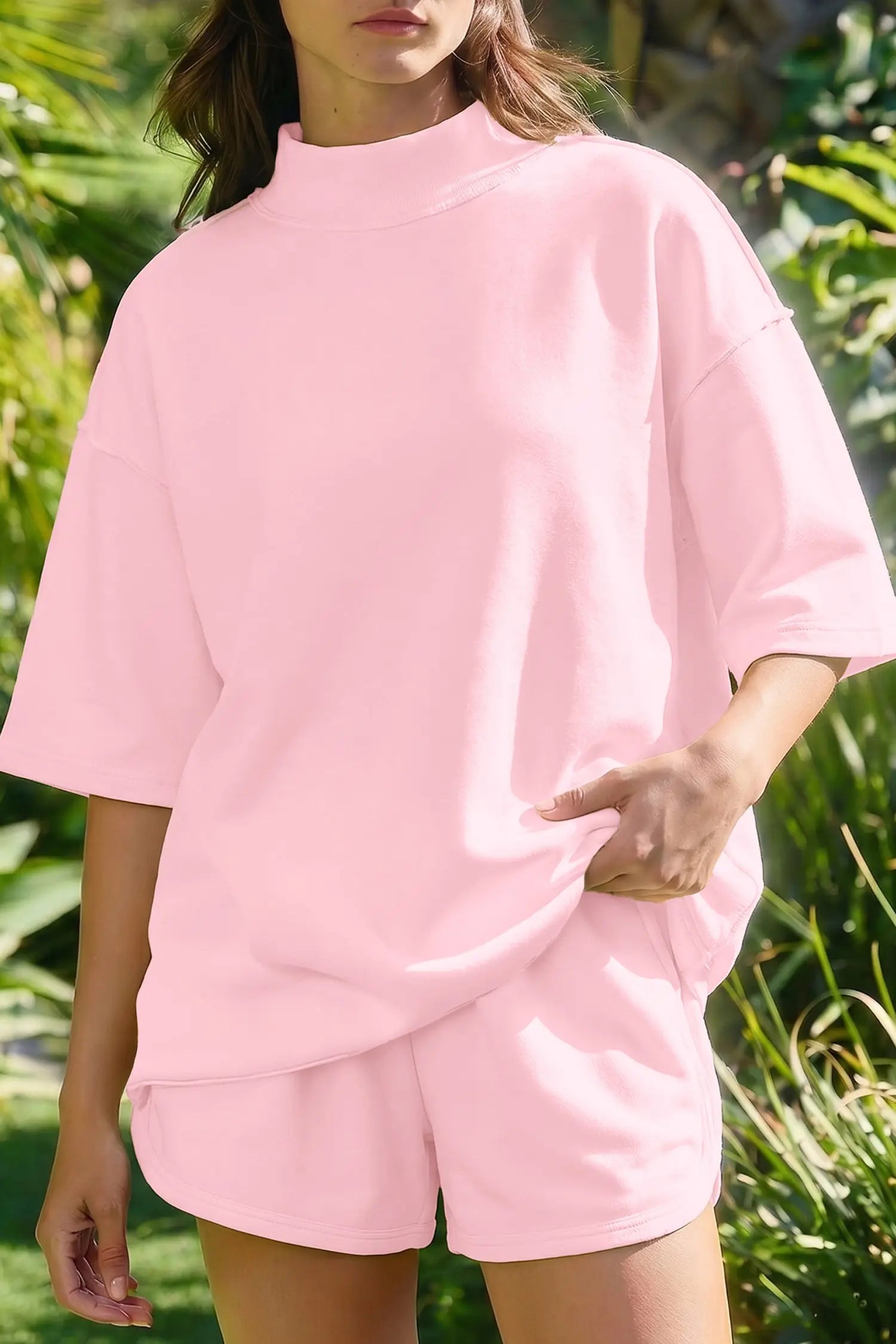 Exposed seam mock neck oversized tee shorts two piece set pockets outfit sets