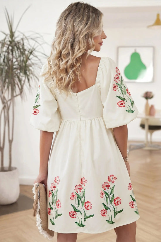 Beige floral print puff sleeve babydoll dress
