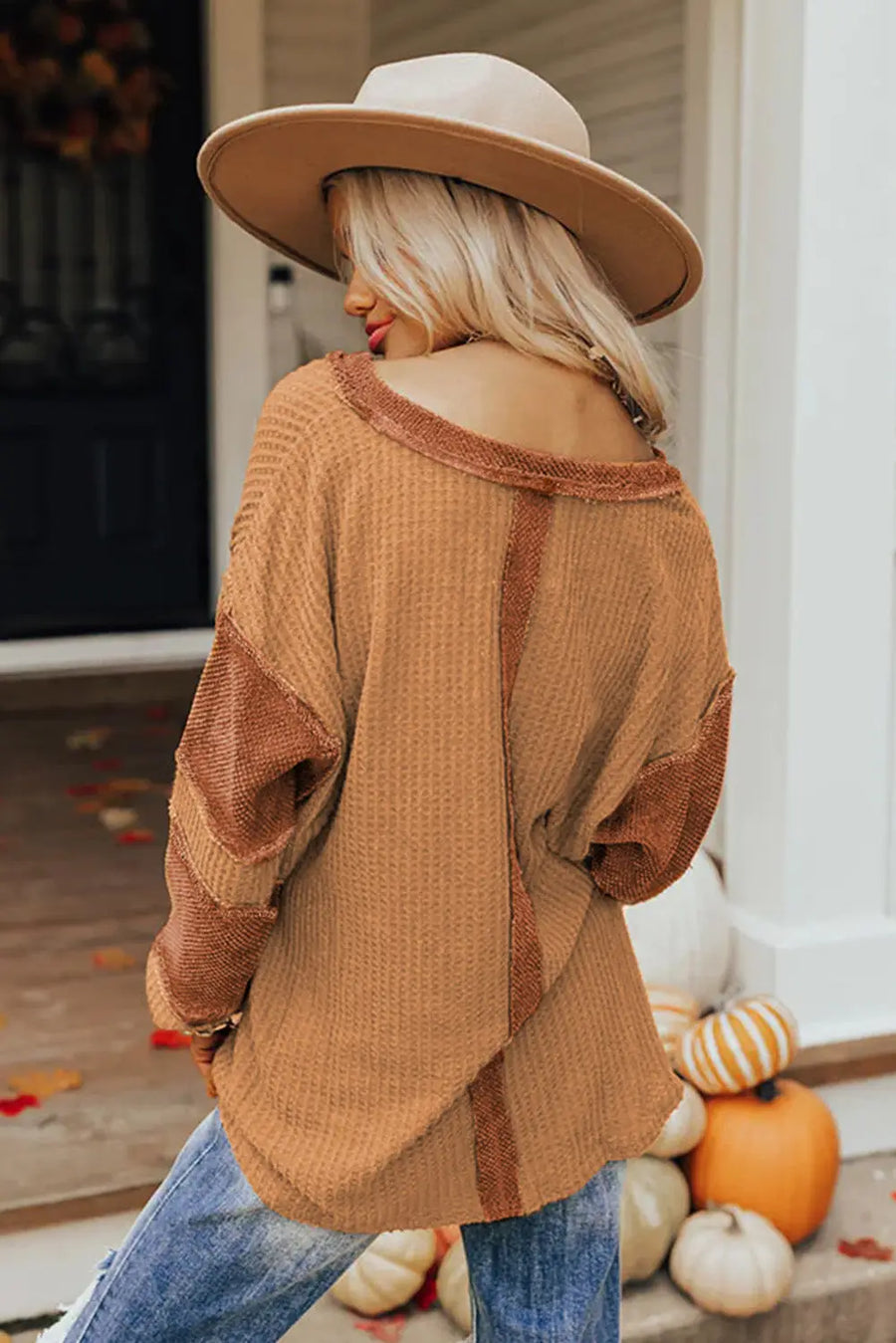 Contrast waffle knit henley top clothing tops