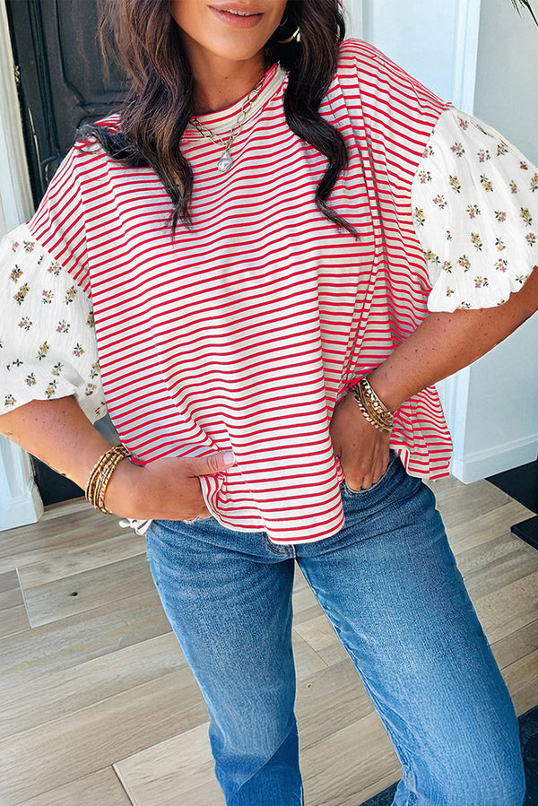 Red Stripe Floral Puff Sleeve Patchwork Loose Top Women UK