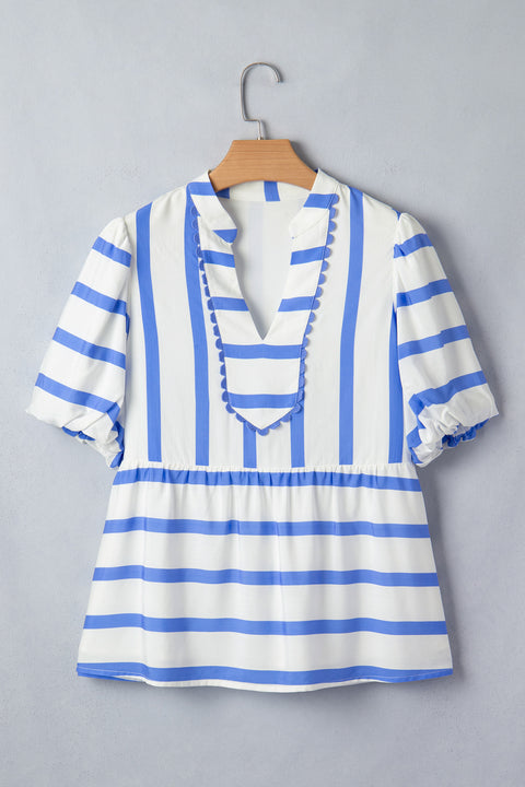 Striped split V-neck puff sleeve scalloped blouse front view — Fashionfitz UK