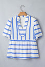 Striped split V-neck puff sleeve scalloped blouse front view — Fashionfitz UK
