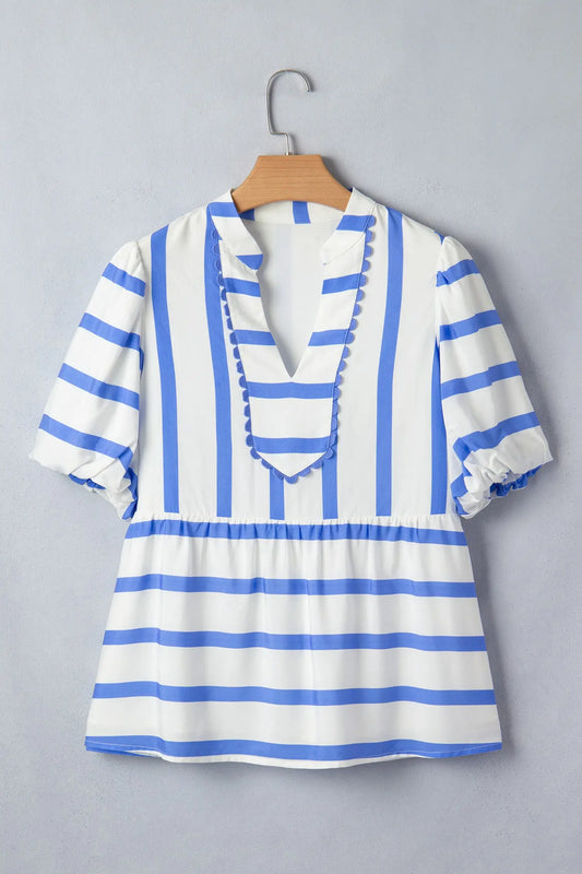Women's striped split V-neck puff sleeve scalloped trim blouse front view