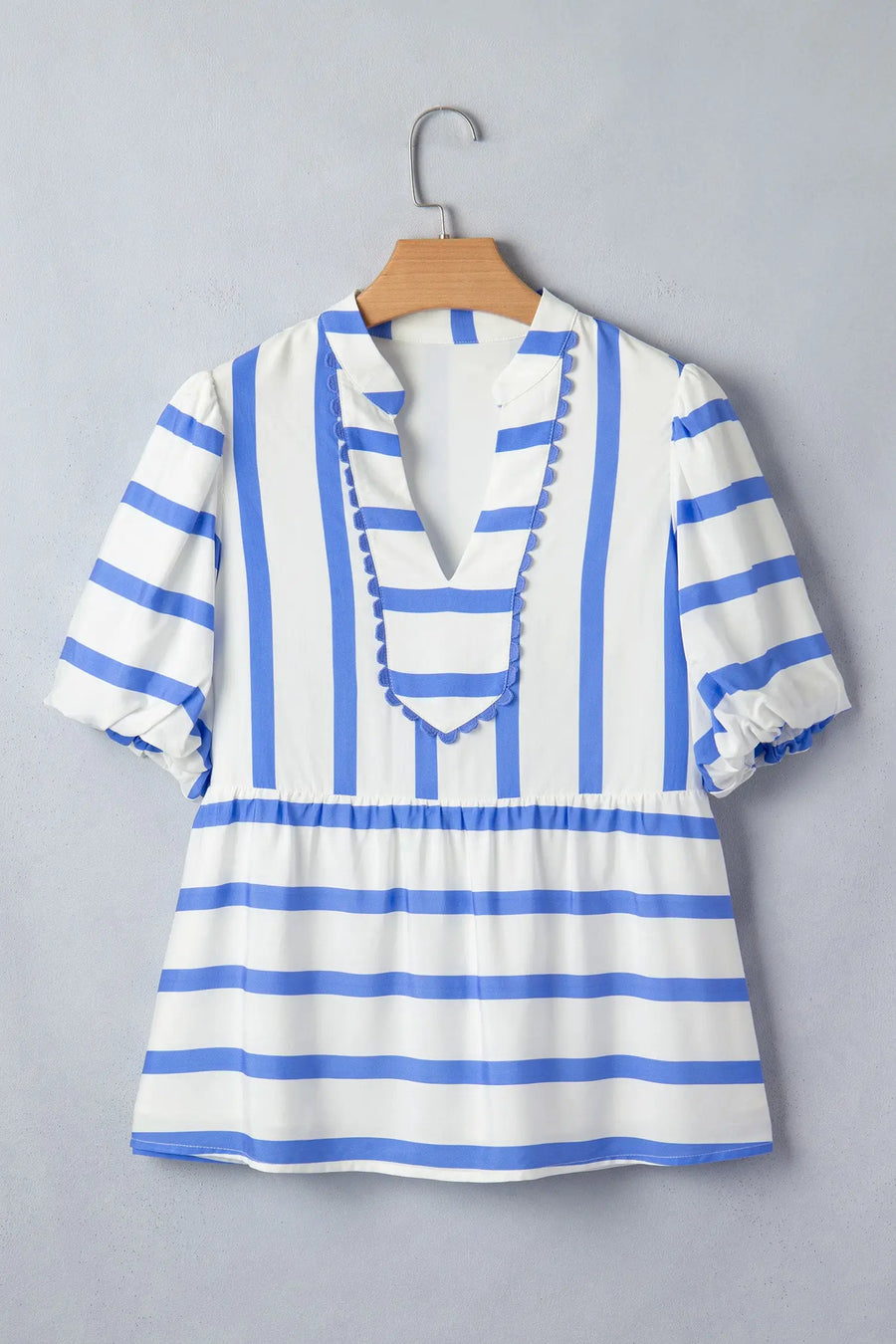 Striped Split V-Neck Puff Sleeve Scalloped Blouse Women UK — front view showing sky blue stripe, puff sleeves and scalloped hem — Fashionfitz