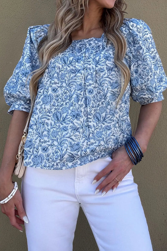 Sky blue square neck puff sleeve floral pleated blouse