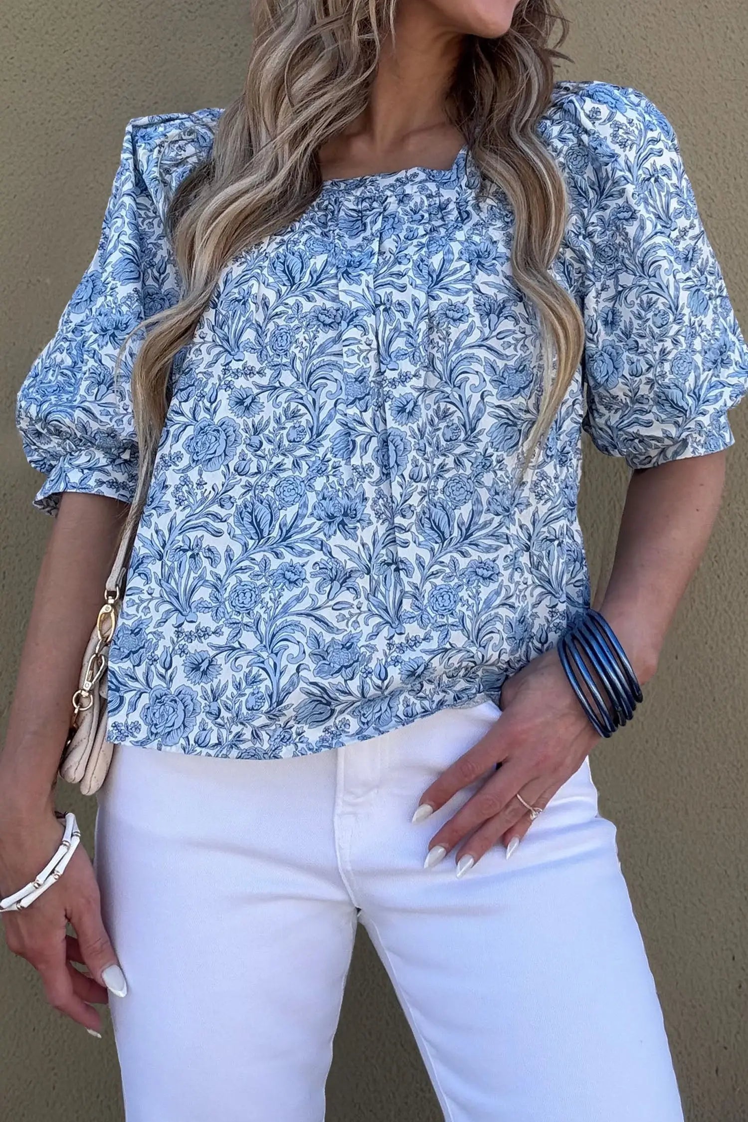 Sky blue square neck puff sleeve floral pleated blouse