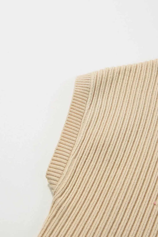 Sleeve detail of Ribbed Knit Short Sleeve Sweater in beige, highlighting ribbed fabric and clean stitching for a polished casual look.