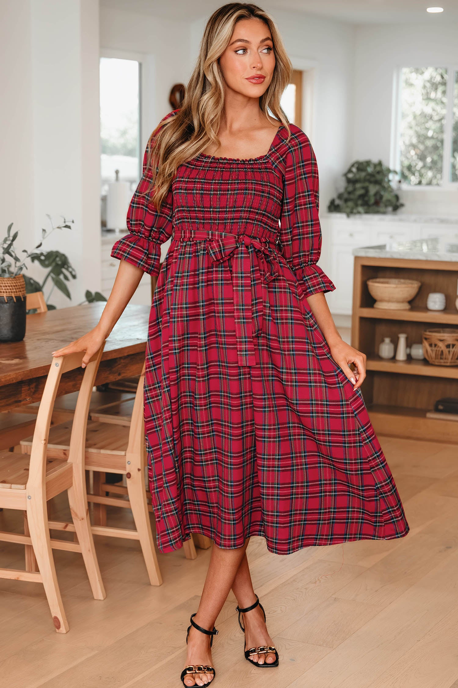 Red Green Tartan Plaid Flared Midi Dress