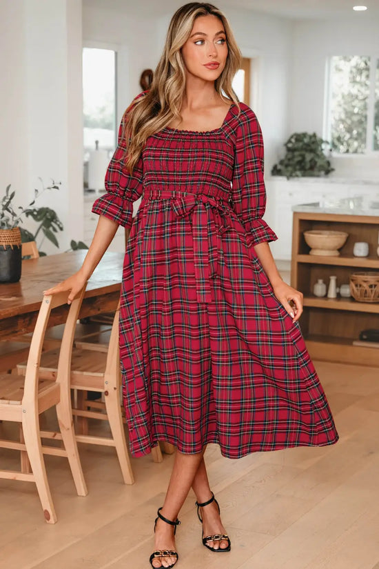 Red green tartan plaid flared midi dress dresses