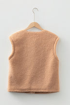 Ladies Beige Fuzzy Fleece Gilet with Big Button Accent