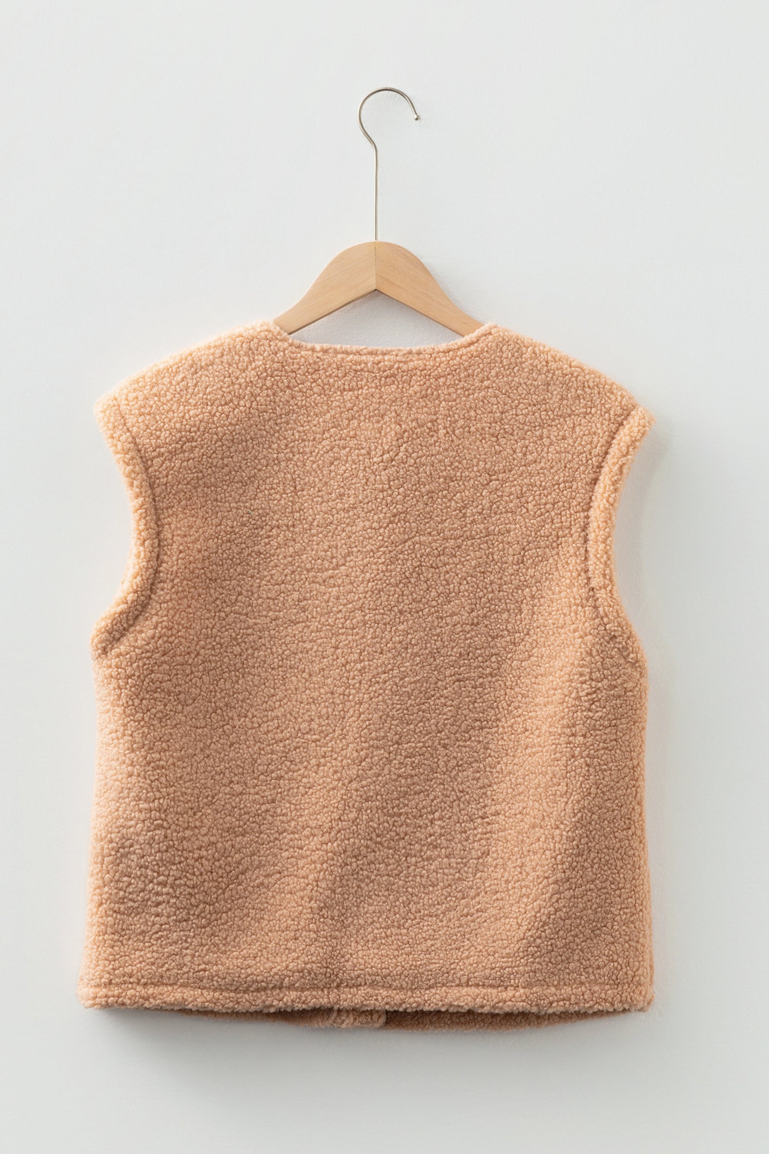 Ladies Beige Fuzzy Fleece Gilet with Big Button Accent