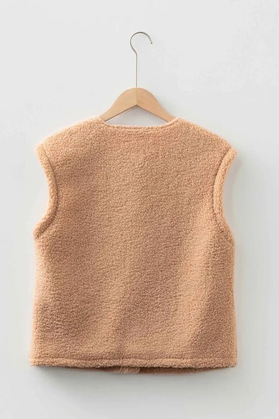Ladies Beige Fuzzy Fleece Gilet with Big Button Accent