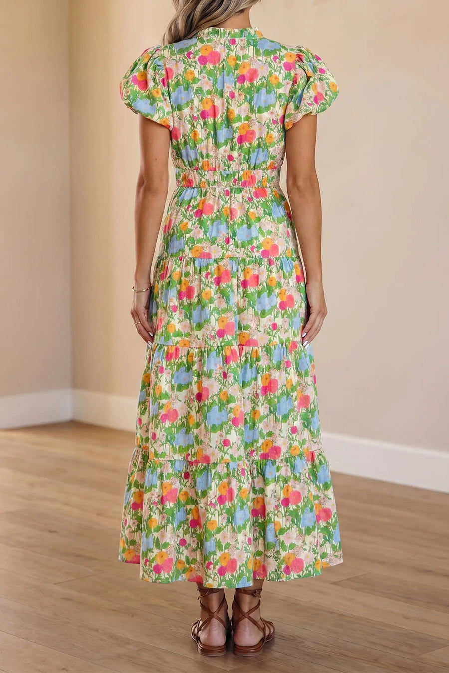 Green Floral V Neck Short Puff Sleeve Cotton Maxi Dress Women UK