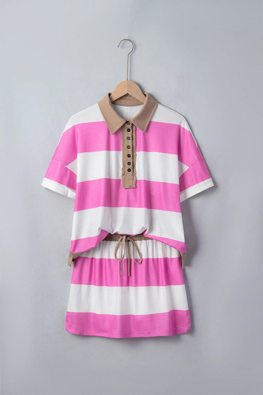 Rose Stripe Colorblock Trim Polo Tee Drawstring Mini Skirt 2pcs Set