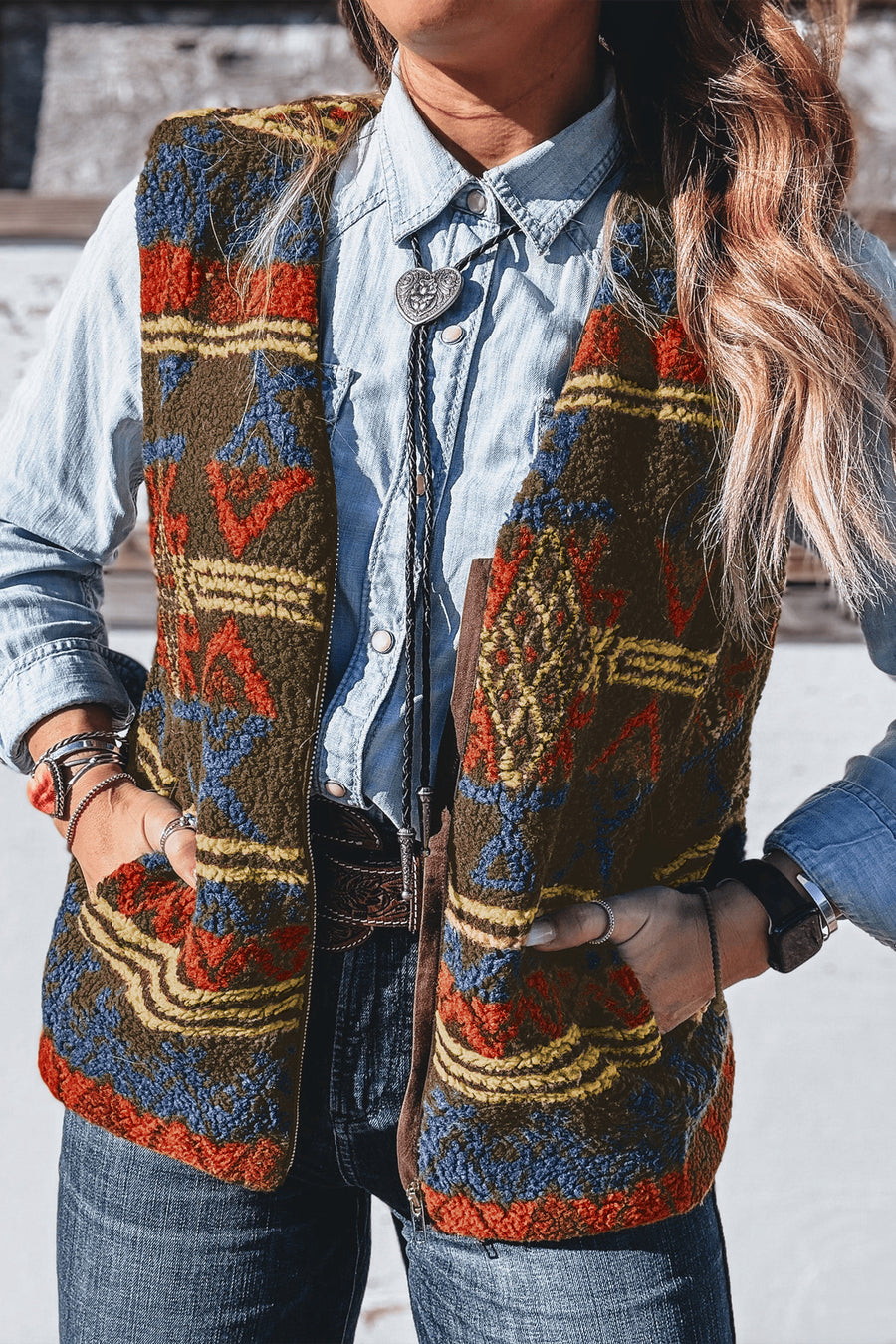Multicolour Western Print Faux Fur Metal Zipper Insert Pockets Sleeveless Vest