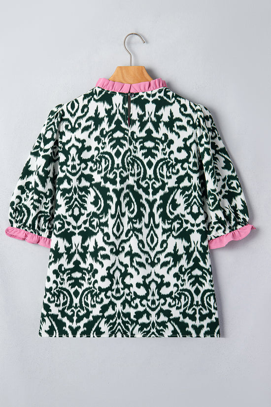 Damask Print Ruffled Colourblock Puff Sleeve Blouse Round Neck Shift