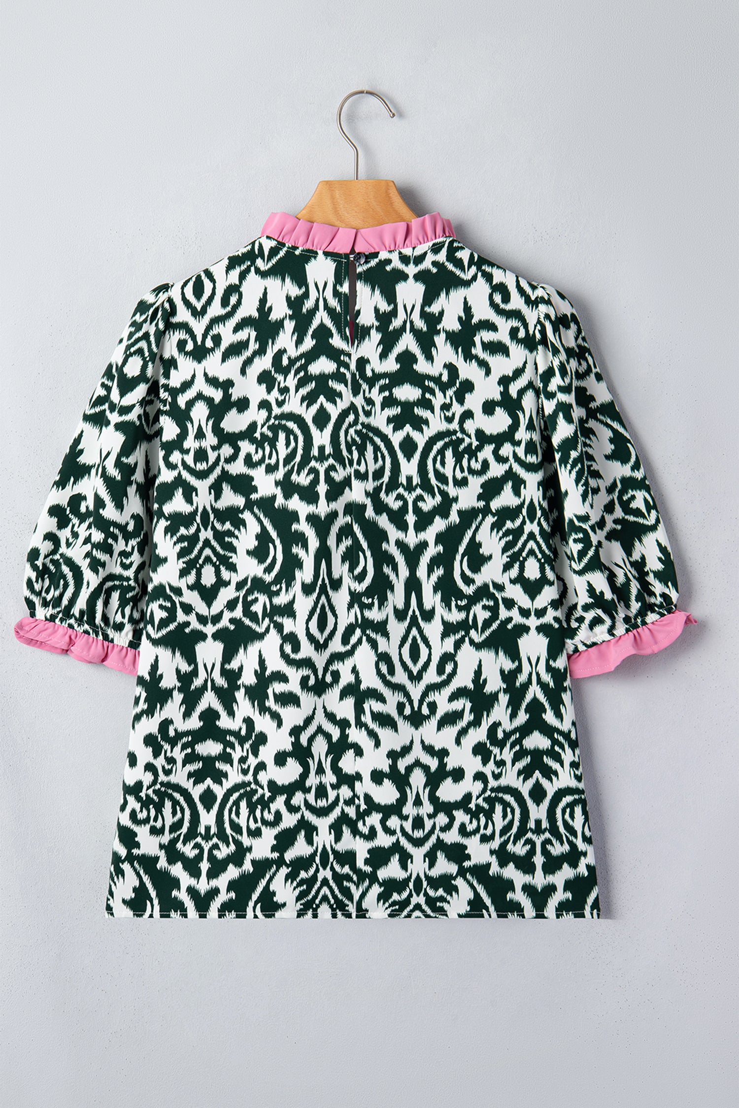 Damask Print Ruffled Colourblock Puff Sleeve Blouse Round Neck Shift