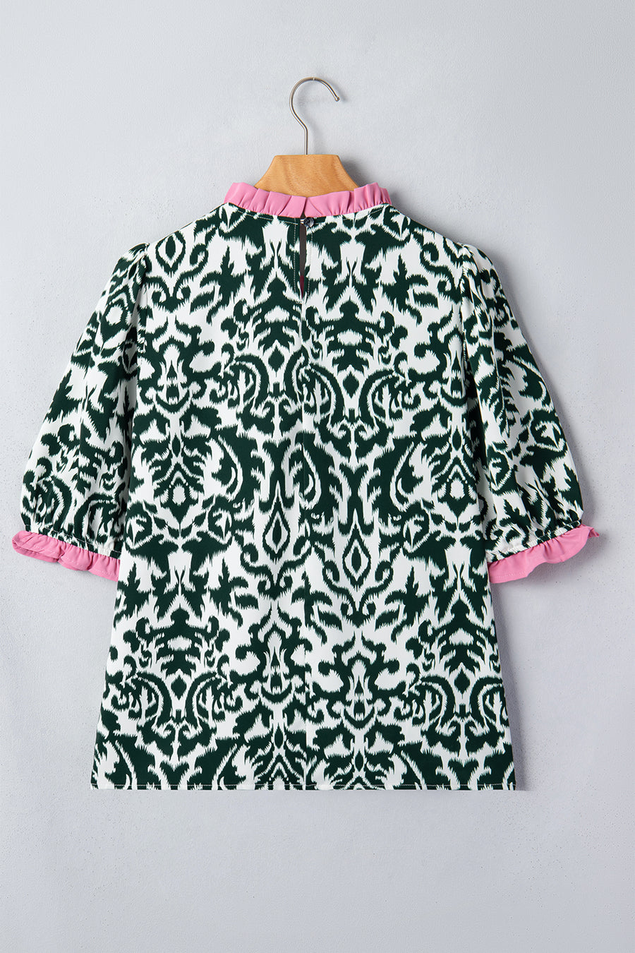 Damask Print Colourblock Puff Sleeve Blouse Women UK — close-up detail | Fashionfitz UK