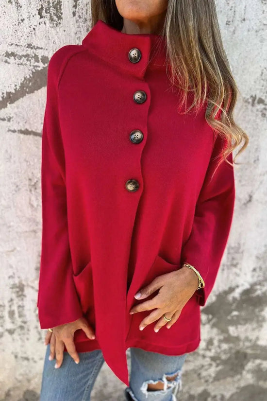 FashionFitz Women's Red Wrap Cardigan Jacket with classic collar and button-up front, ideal for winter layering and casual outfits.