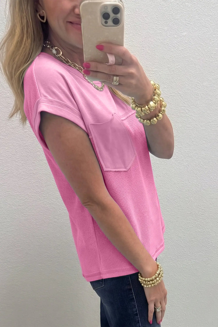 Waffle patchwork sleeveless top raw seam chest pocket round neck casual tank tops