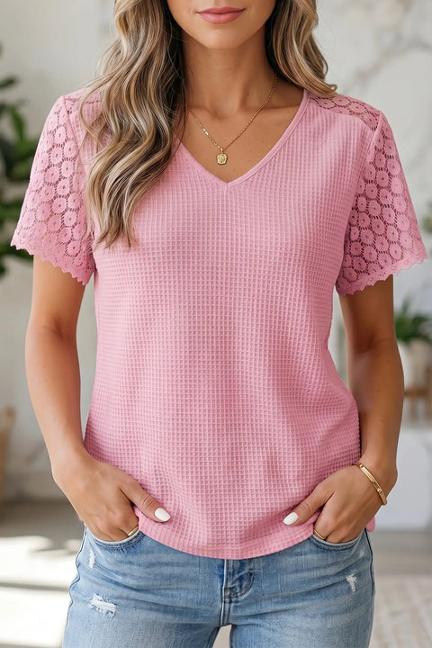 Lace splicing cutout V-neck waffle knit blouse front view — Fashionfitz UK
