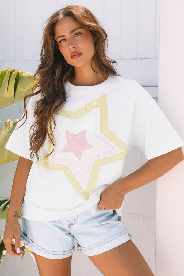 White Star Layered Patched Graphic Drop Shoulder Tee Women UK