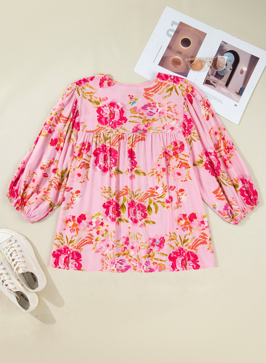Floral Print V Neck Tie Front Short Sleeve Plus Size Tunic Top UK