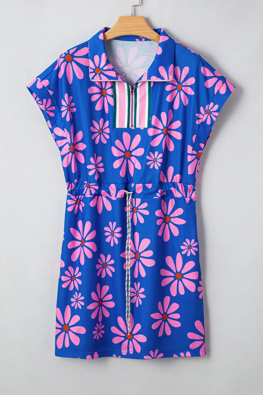 Purple Floral Quarter Zip Drawstring Waist Mini Dress Women UK