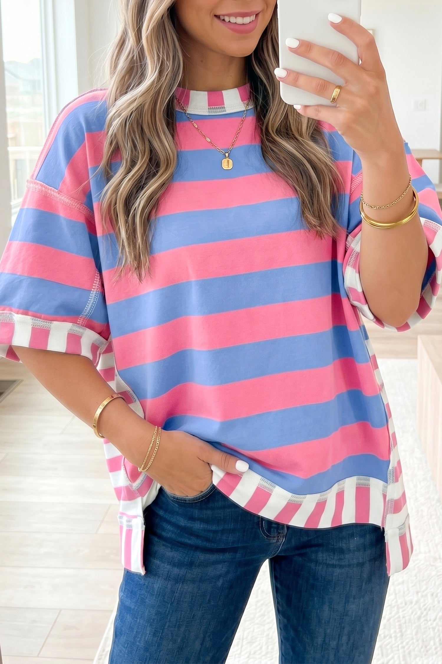 Women's oversized patchwork top side view relaxed casual