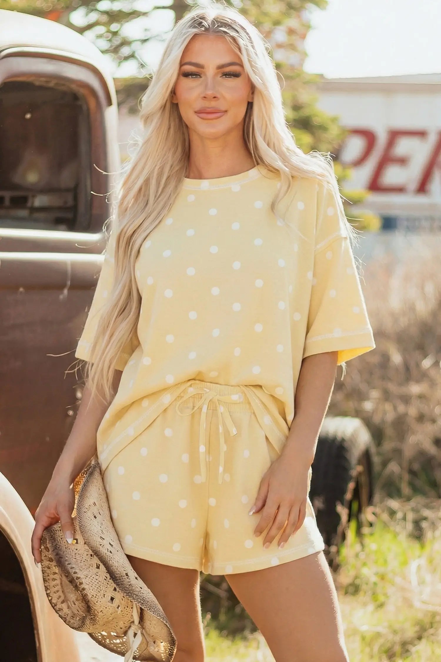 Polka Dot Exposed Seam Loose Tee Drawstring Shorts Two-Piece Set