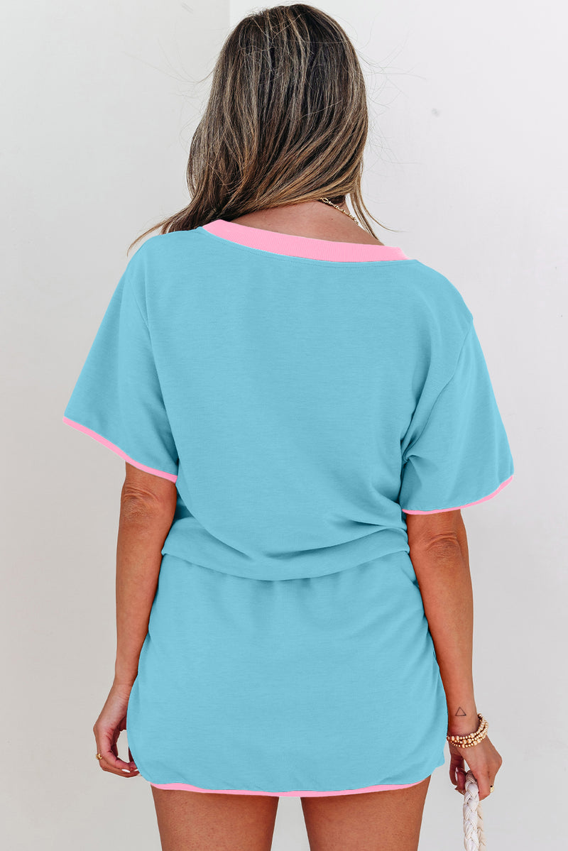 Turquoise Colorblock Drop Shoulder Tee Skort 2-Piece Set Women UK