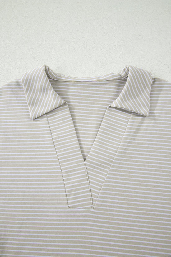 Striped Dolman Sleeve Polo Shirt and Drawstring Shorts Two Piece Set